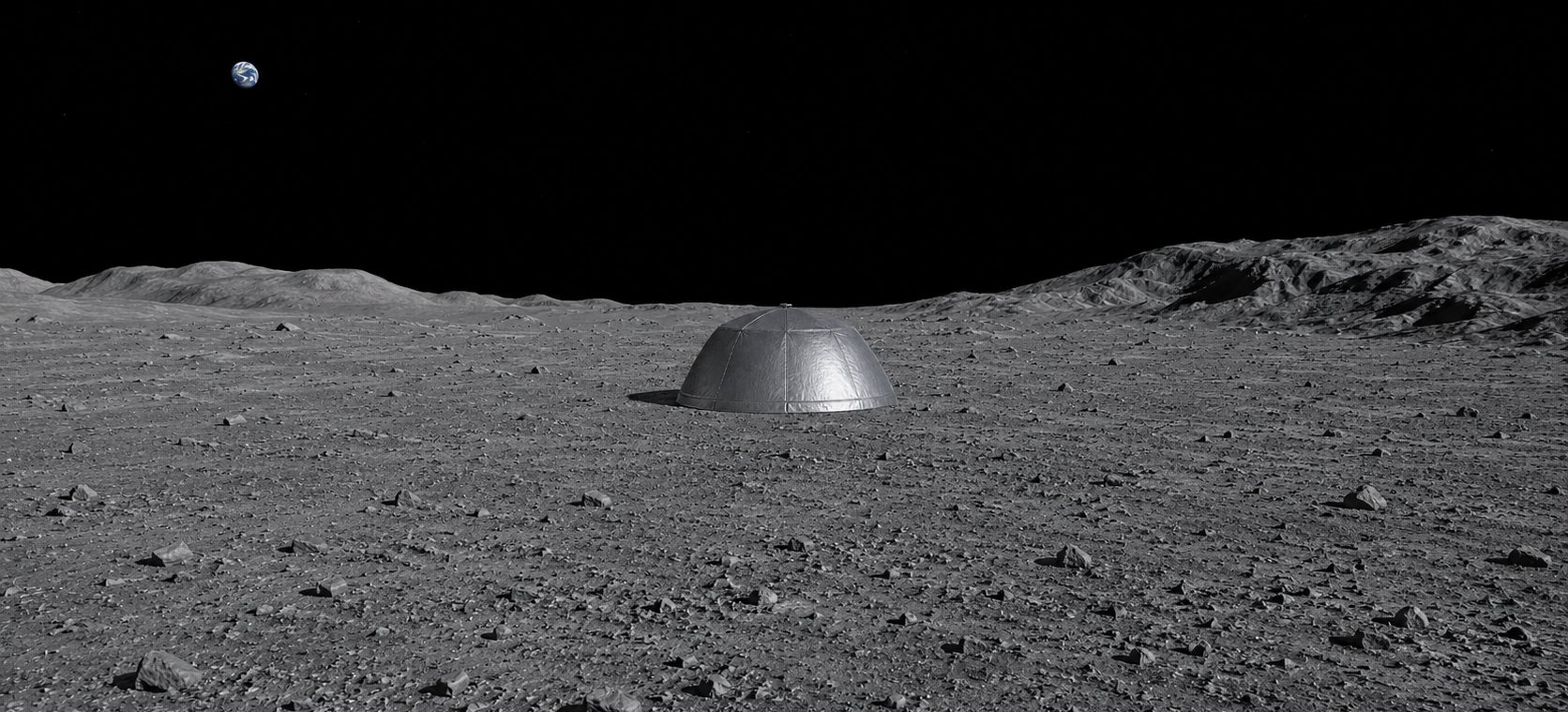 Concept render of survivability hardware on the lunar surface, with Earth above the horizon.